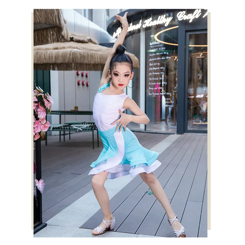 Платье Meisjes Lijn Ruche Balzaal для латинских танцев Wedstembali Meisje Kind Salsa Tango Cha Oefen Top Rok Uitvoering