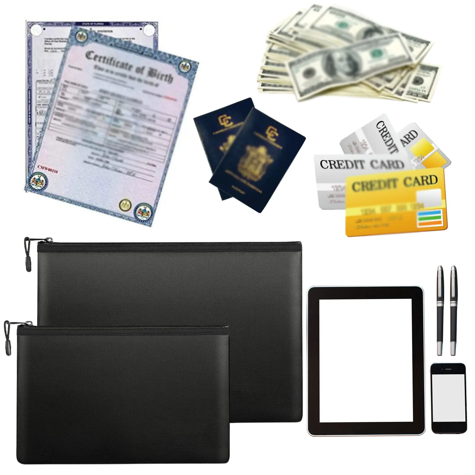 

2 Pcs Fireproof Money Safe Document Bag Non-Itchy Silicone Coated Fire & Water Resistant Safe Cash Bag Fireproof Safe Storage