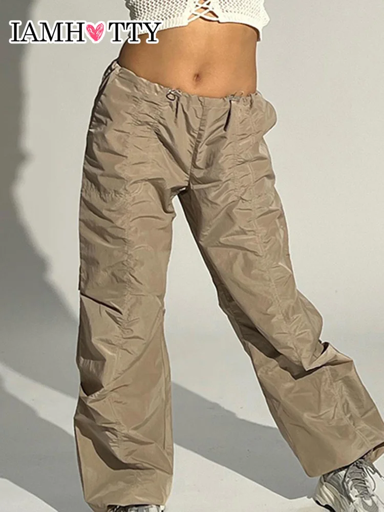 

IAMHOTTY Casual Ruched Elastic Waist Cargo Pants Khaki Dark Blue Wide Leg Vintage Sweatpants Folds High Street Baggy Trousers