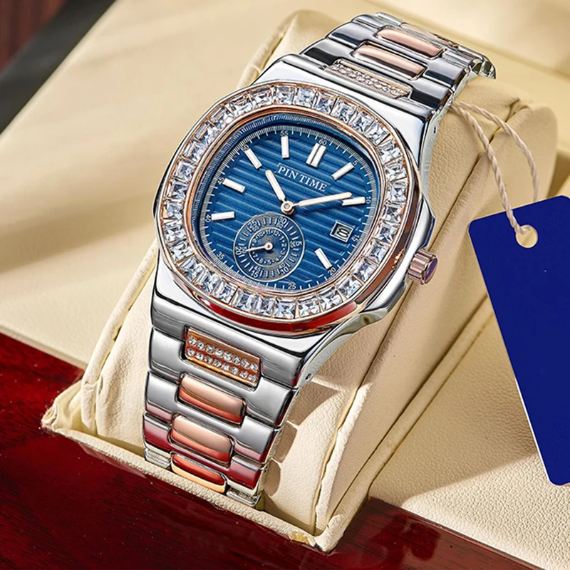 PINTIME новые роскошные кварцевые часы для мужчин с ремешком из нержавеющей стали