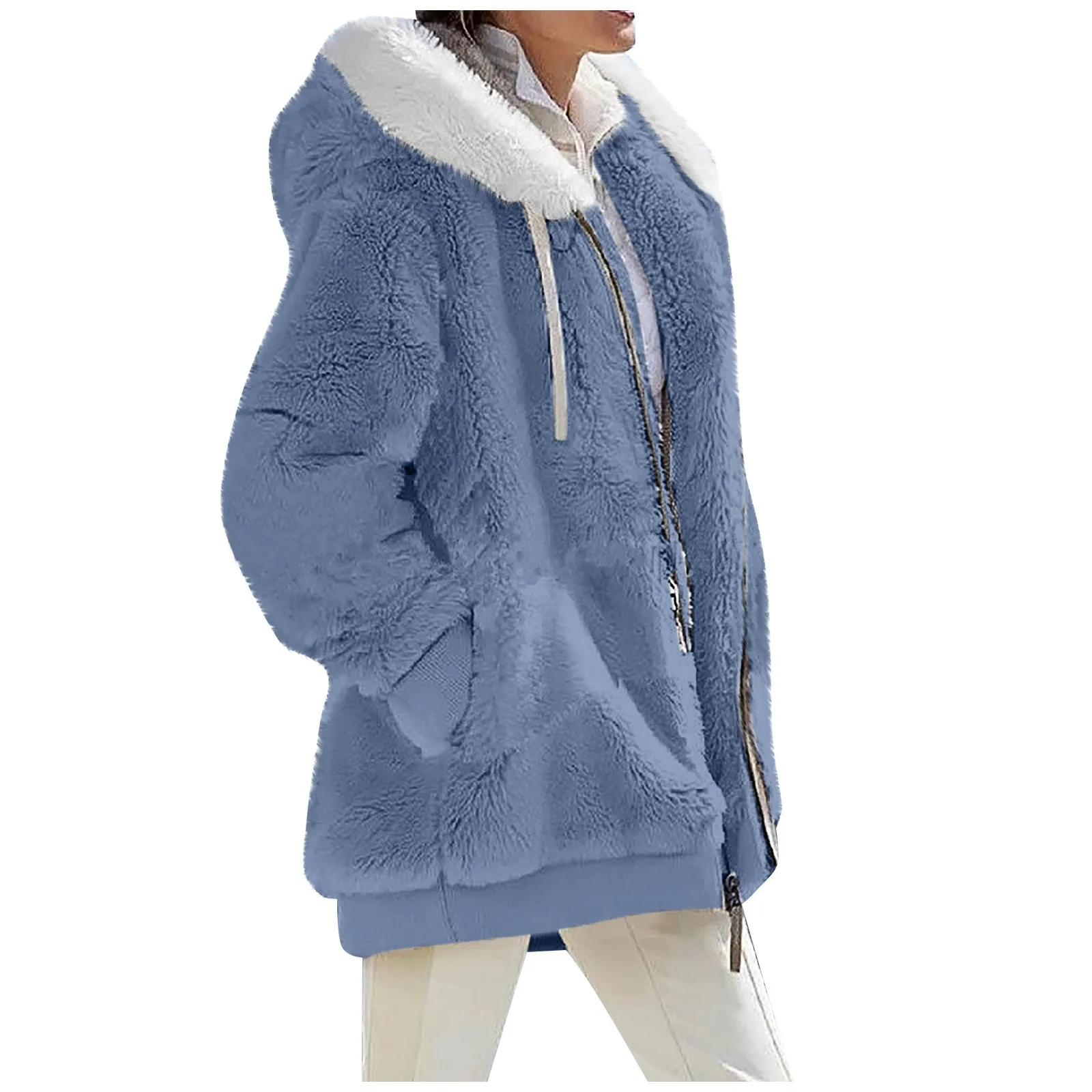

Autumn Winter Plush Coat Women Fashion Soild Hooded Coat Loose Plush Long Sleeve Zipper Pocket Teddy Overcoat Female Hooded Coat