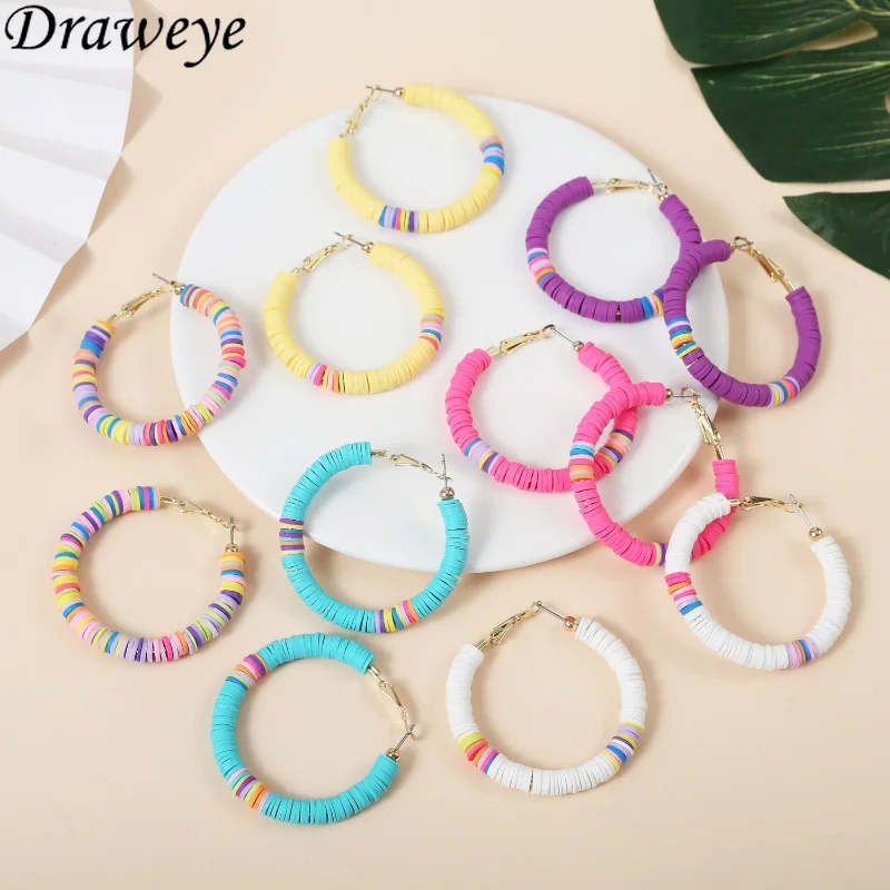 

Draweye Bohemia Colorful Clay Earrings for Women Ins Fashion Cute Jewelry Gift Girls Pendientes Round Sweet Hoop Earrings