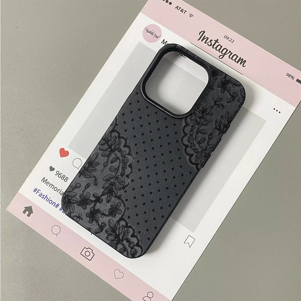 Фото Чехол для телефона iPhone 11 14 17 15 13 16 12 Plus Pro Air, черный, кружевной, в горошек, элегантный, с защитой от падений, устойчивый к царапинам, прозрачный №3