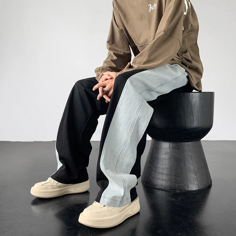 

2023 мужские свободные спортивные брюки в американском стиле, облегающие джинсовые брюки в стиле пэчворк, повседневные брюки черного/серого цветов, модель