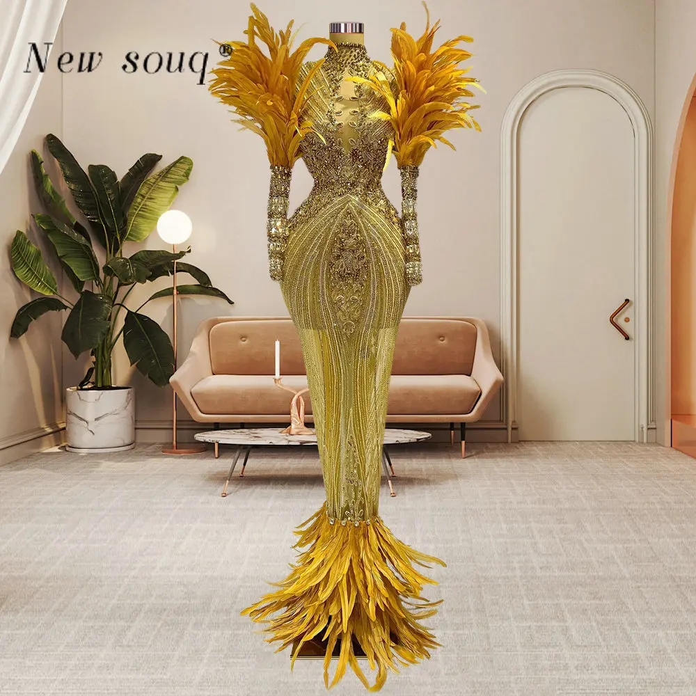 

Dubai Gold Luxury Feathers Mermaid Evening Dresses with Long Sleeves Arabic Muslim High Neck Formal Wedding Guest Party Gowns