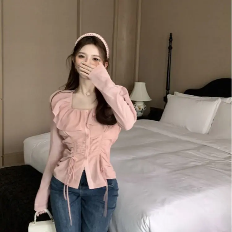 Весенне-осенняя сексуальная милая пряная рубашка с квадратным вырезом и