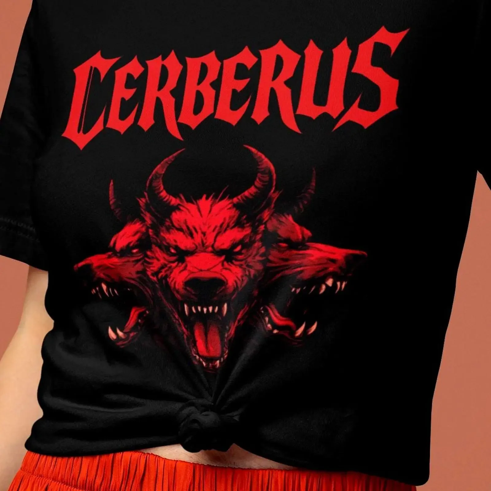 Фото Футболка Cerberus: Готический Демон Хадеса, Мифология Подземного мира, Трехглавый Цербер, Оверсайз, Модная, Винтажная, С эффектом потертости, Уличная одежда, Повседневная №1