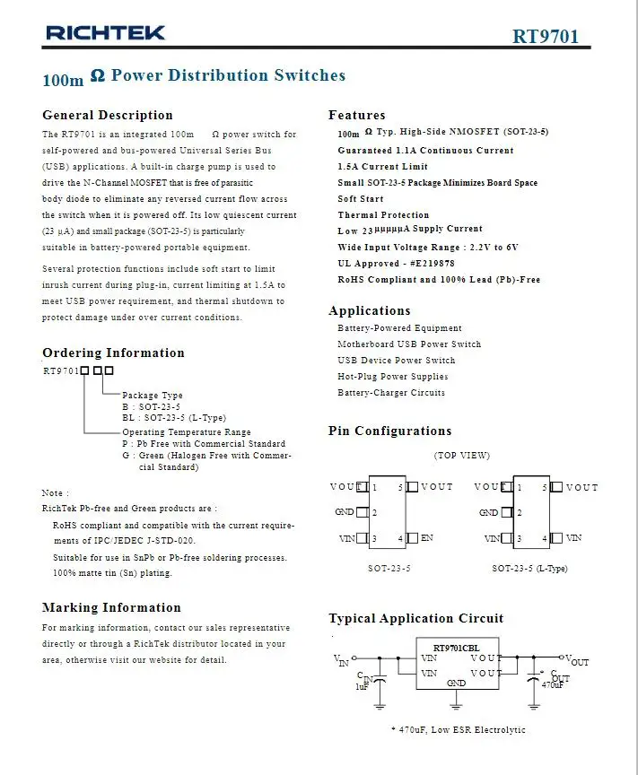 10 шт. RT9701GB RT9701PB RT9701CB RT9701 CO = SOT23-5 100m Ω переключатели питания 100% новый импортный