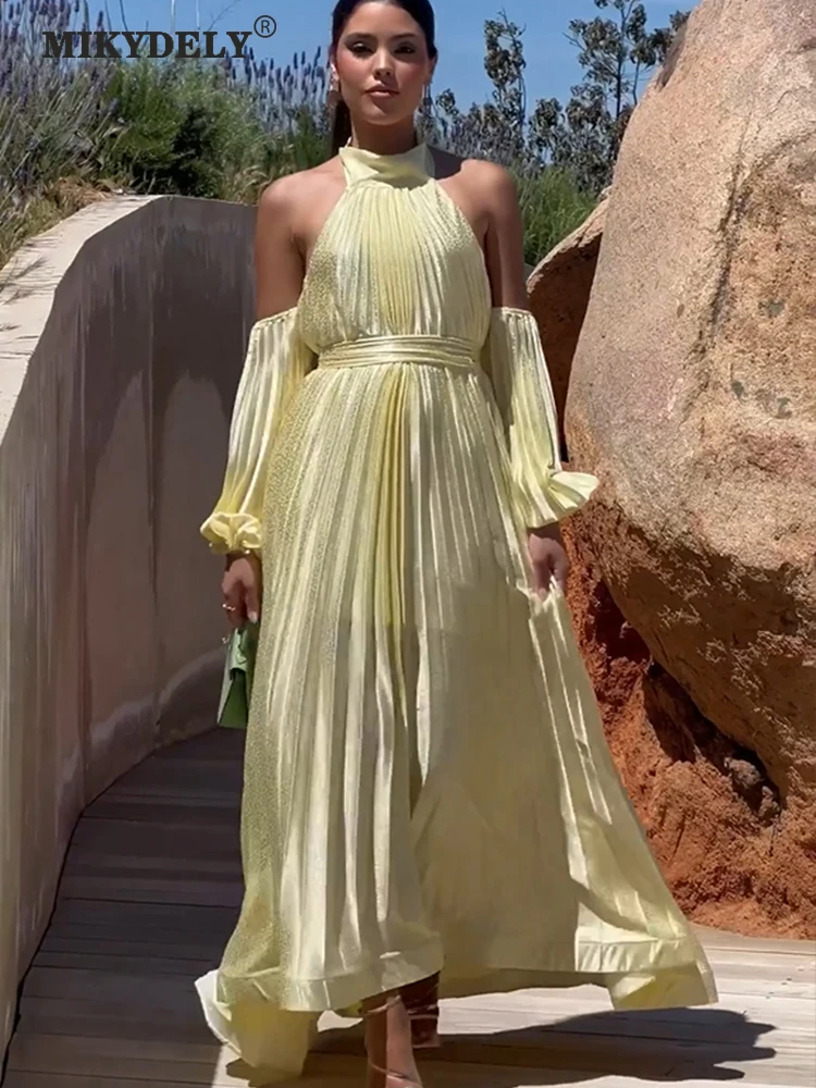 

Mikydely Yellow Backless Off Shoulder Maxi Dresses Women Half Lantern Sleeve Halter Neck Ruched Long Dresses Women Loose A Line