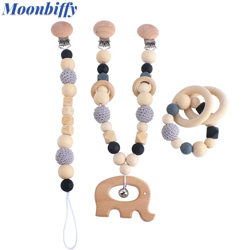 

3PCS Baby Toys Silicone Beads Teethers Wooden Rings Handmade Bracelet Pacifier Chain Clips Teething Pram Stroller Bell Pacifier