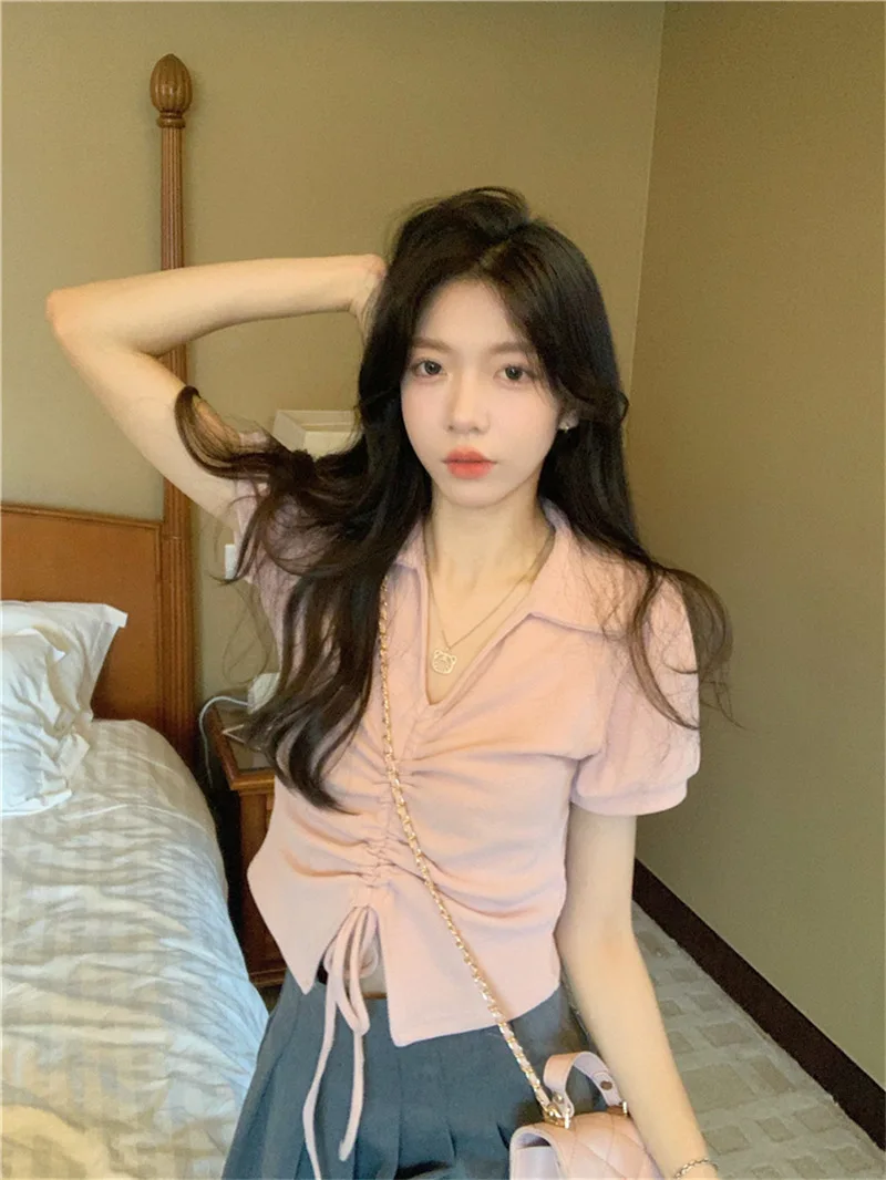 

T-shirts Women Solid Crop Tops Lovely All-match Chic Korean Style Slim Casual Summer Tender Popular Girls Sweet And Spicy Routin