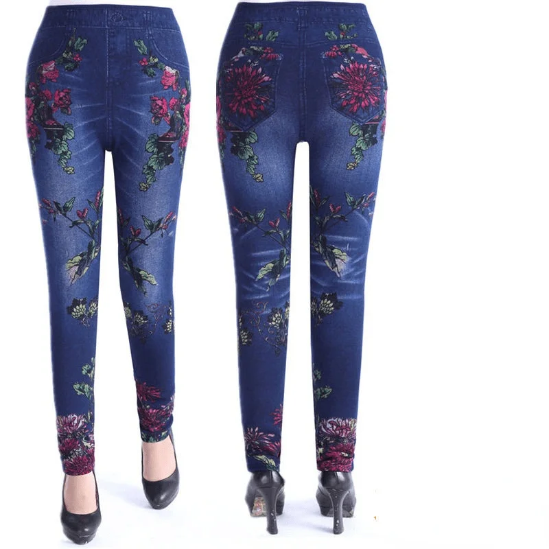 Women High Waist Leggings Floral Print Push Up Pants Faux Jeans Sport Leggings Female Stretch Skinny Pencil  Denim Pants