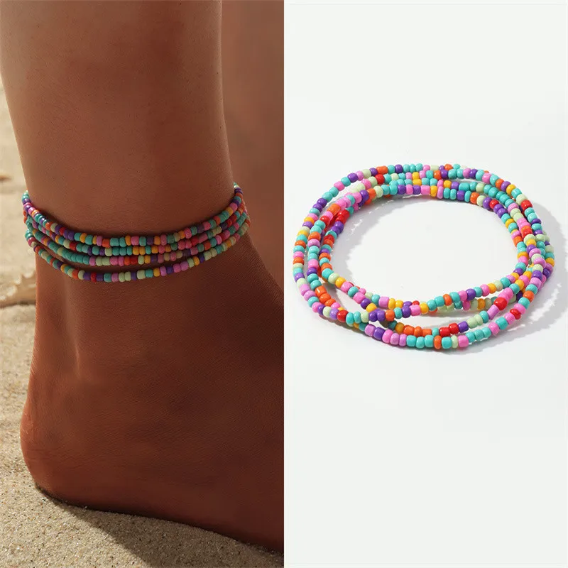 

Fashion Multilayer Bohemian Rice Beads Beaded Anklet Sets For Women Charm Colorful Anklets Summer Beach Jewelry Accessories Gift