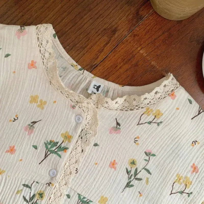 Women Cute Sleepwear Pajamas Set Loungewear Korean Kawaii Lace Flowers Sweet Summer Short Sleeve Shorts 2 Piece Set Home Clothes