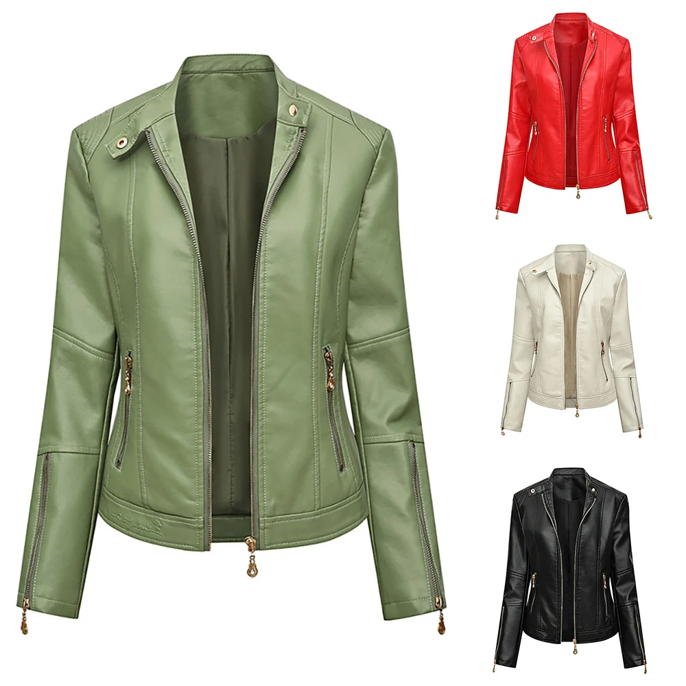 Autumn Winter Pu Faux Leather Short Jackets Women Long Sleeve Zipper Slim Motor Biker Leather Coat Female Outwear Punk Tops