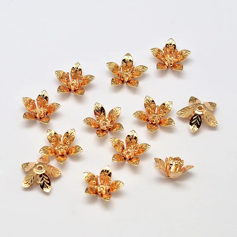 

5-Petal Flower Brass Bead Caps Cadmium Free & Nickel Free & Lead Free Real 18K Gold Plated 14x6mm Hole: 1mm