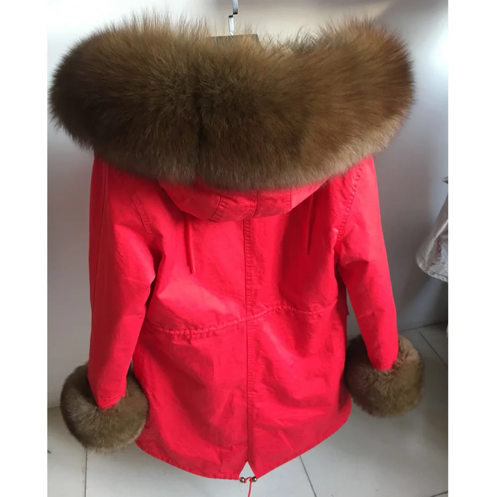 Winter Women Real Fur Coat Natural Raccoon Fur Lining  Jacket Long hooded With big fur collar Thick Warm black Parkas