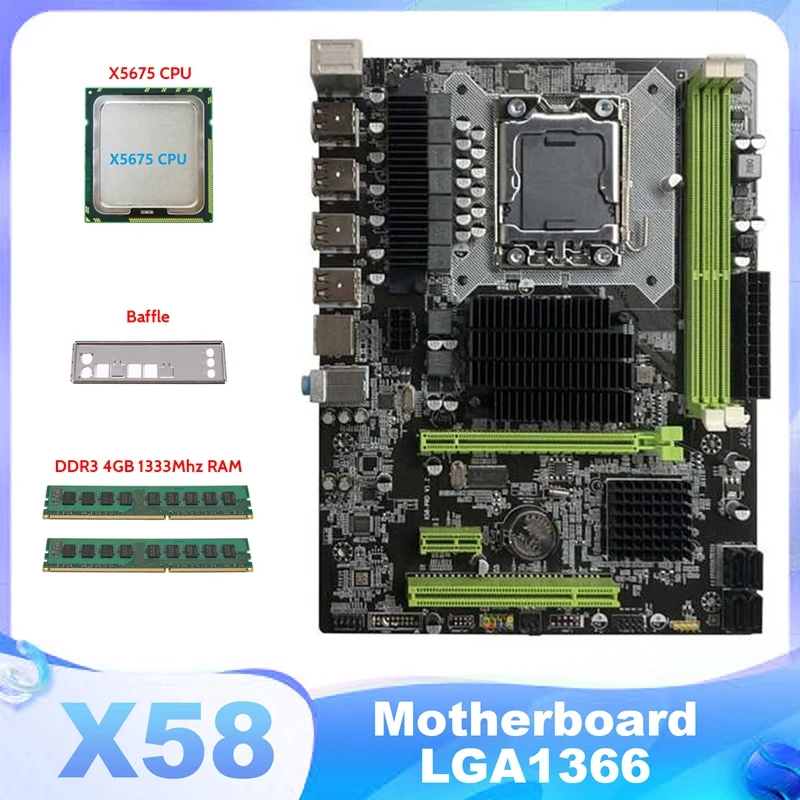

X58 Motherboard LGA1366 Computer Motherboard Support RX Graphics Card With X5675 CPU+2XDDR3 4GB 1333Mhz RAM Memory