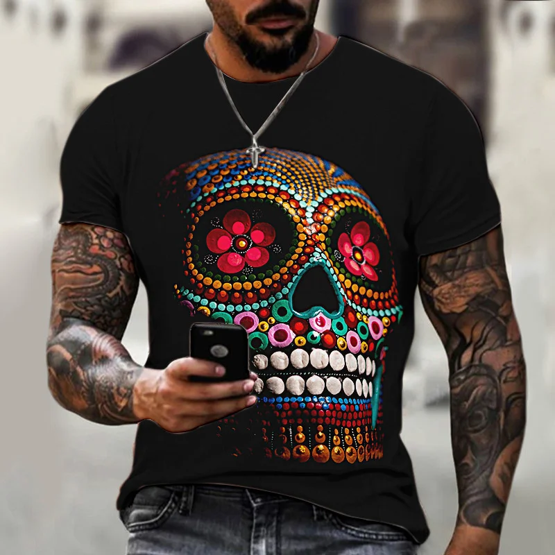 

Fashion Punk T Shirts For Men 3D Colorful Skull Printing Clothing Casual Personality Y2k Tops Harajuku Loose Round Neck T-shirt