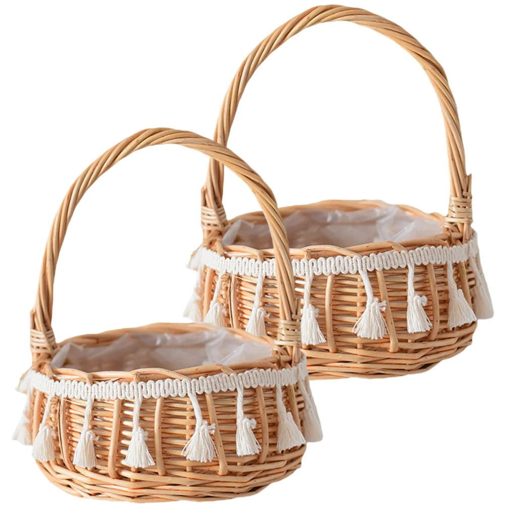 

2 Pcs Tassel Woven Flower Basket Small Handle Rattan Bathroom Baskets Wedding Princess Handles