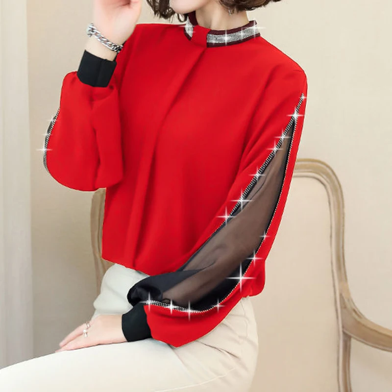 Fashion New Lantern Sleeve Chiffon Stand Collar Long Sleeve Shirt Female Pullover Shirt Puff Sleeve Small Shirt Tide