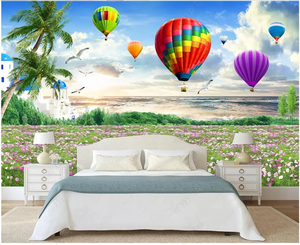 

3d photo wallpapers customised mural aegean hot air balloon flowers sea scenery home decor living room wallpaper for walls 3d