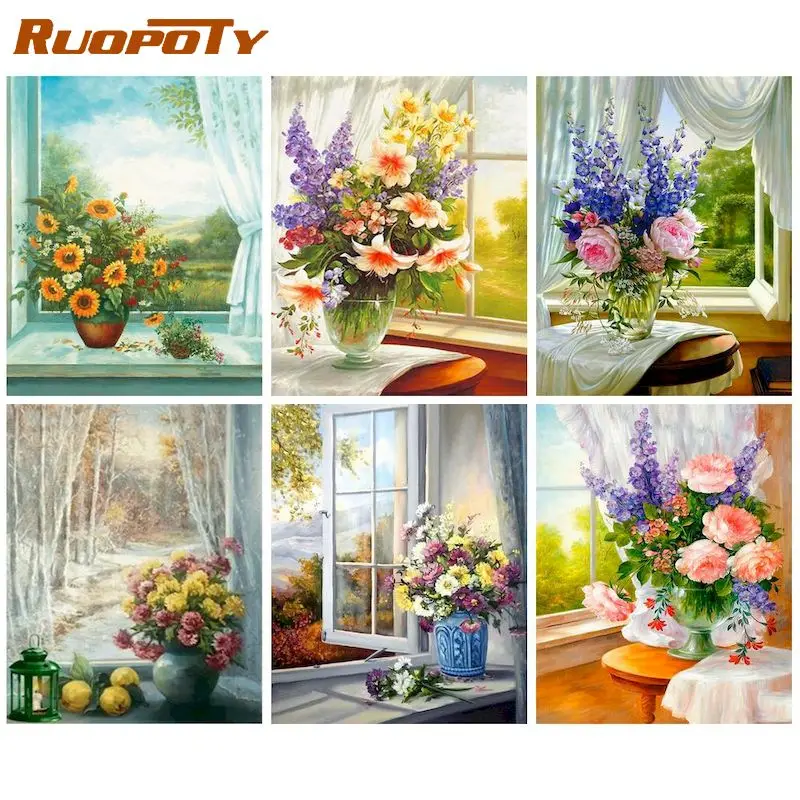 

RUOPOTY Oil Picture 40*50cm Paint By Numbers For Adults HandCraft Window Flower Series Painted on Canvas Still life Home Decor