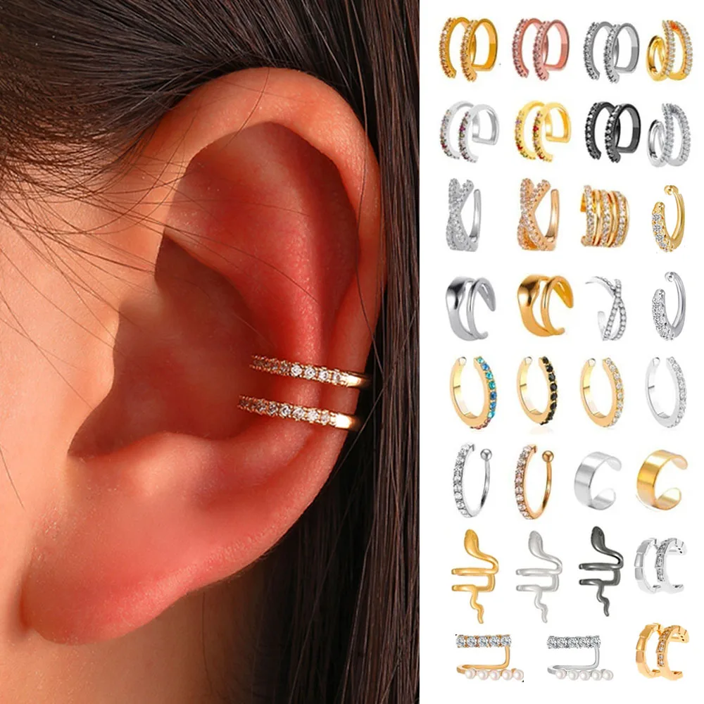 Korean Fashion Crystal Double-layer Ear Clip Earrings For Women Jewelry New Zircon Ear Cuffs Without Hole Snakes Fake Earrings