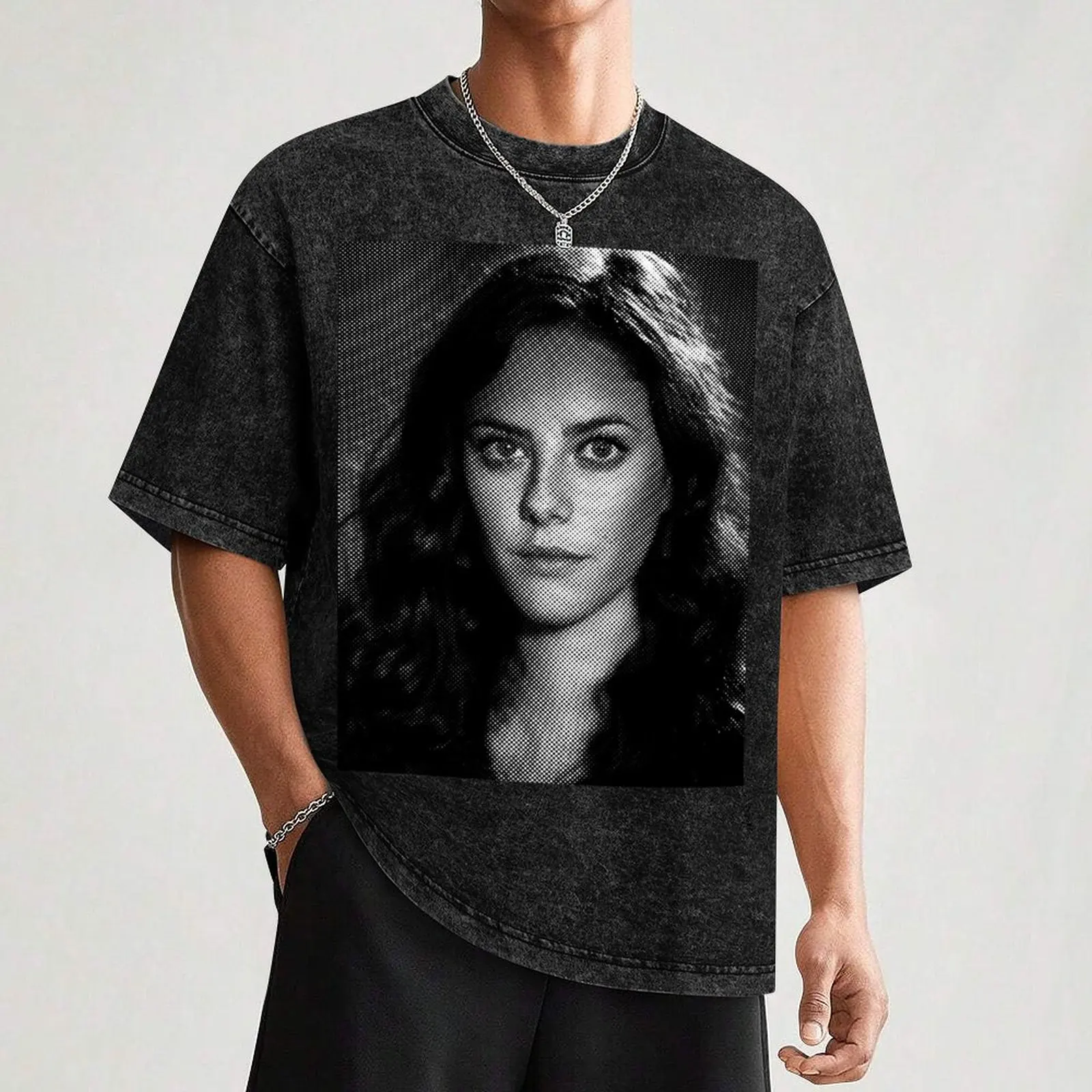 Мужская черно-белая футболка Kaya Scodelario с портретом из точек винтажная одежда на