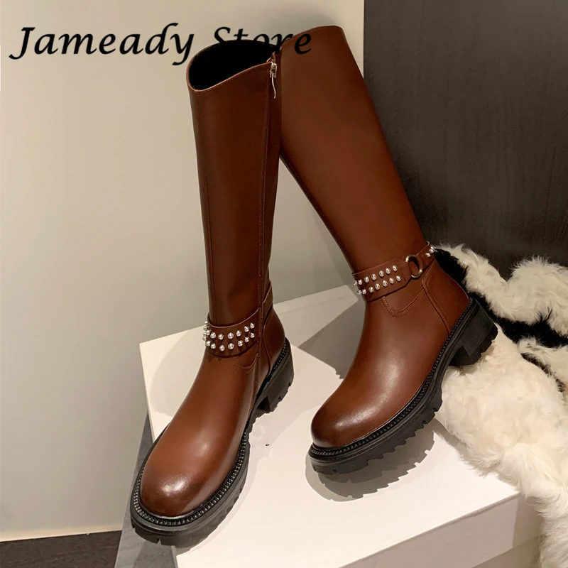 

New Women Rivets Knight Boots Chunky Heel Platform Knee High Boots Round Toe Zipper Long Boots Lady Autumn Winter Botas Mujer