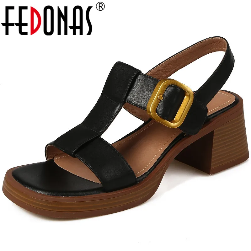 

Женские сандалии-гладиаторы FEDONAS, повседневные туфли из натуральной кожи на толстом каблуке с металлической пряжкой в стиле ретро на лето