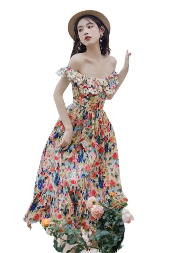 

Женское хлопковое платье с воротником-лодочкой, Элегантное Длинное приталенное платье принцессы в винтажном стиле с вырезом лодочкой и цветочным принтом, лето