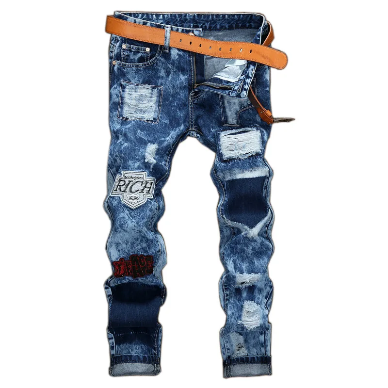 

High Street Mens Distressed Jeans Letter Embroidery Patchwork Fashion Ripped Denim Slim Fit Trousers Patches Badge Snow Wash