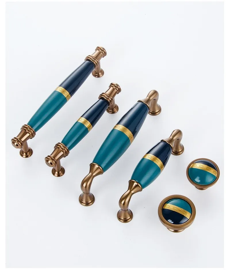 

American wardrobe handle door light luxury golden European style handle kitchen cabinet drawer Blue ceramic furniture handle