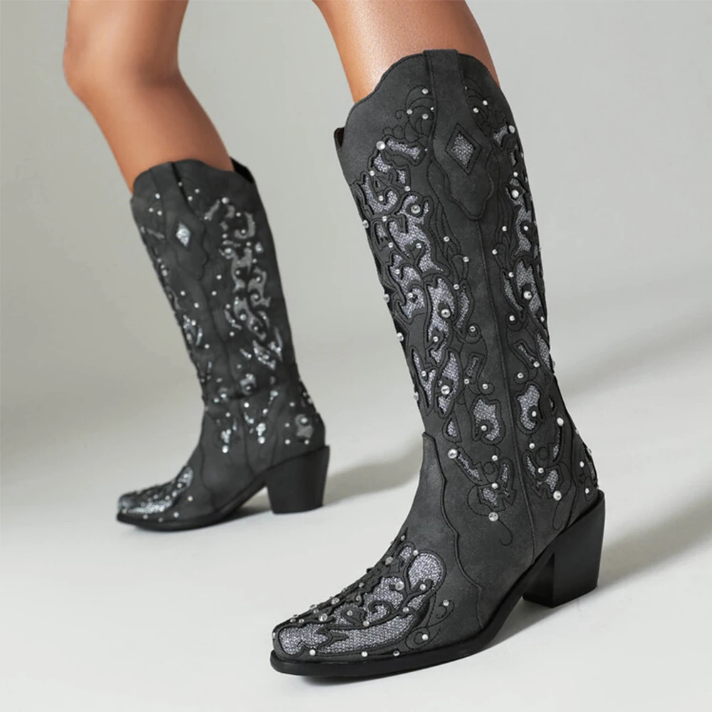 

Женские модные зимние ботинки на толстом каблуке, ковбойские ботинки с вышивкой в западном стиле, с острым носком, без застежки, в современном уличном стиле, новинка для женщин
