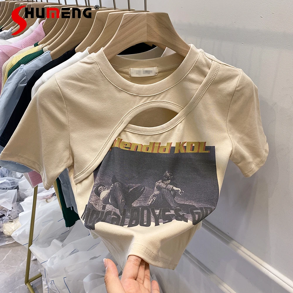 

2022 Summer New Hollow-out Short-Sleeved Slim-Fit Short Letter Hot Girl Sexy Top Ins T-shirt for Women Crop Tops