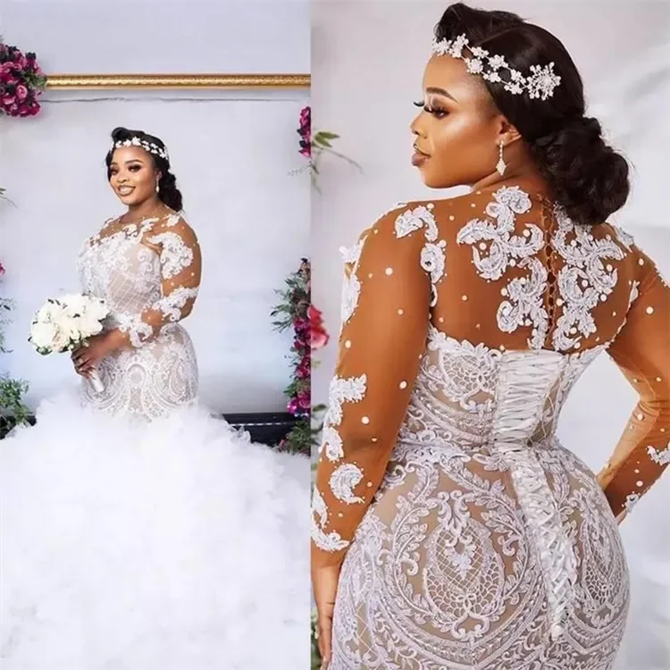 

Mermaid wedding dresses African plus size wedding dresses new sexy lace long sleeve O-neck backless long train wedding dress