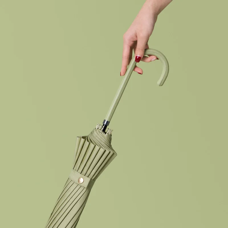 

2022 New Small Fresh Long Handle Lady Umbrella Leather Curved Handle Solid Color Umbrella