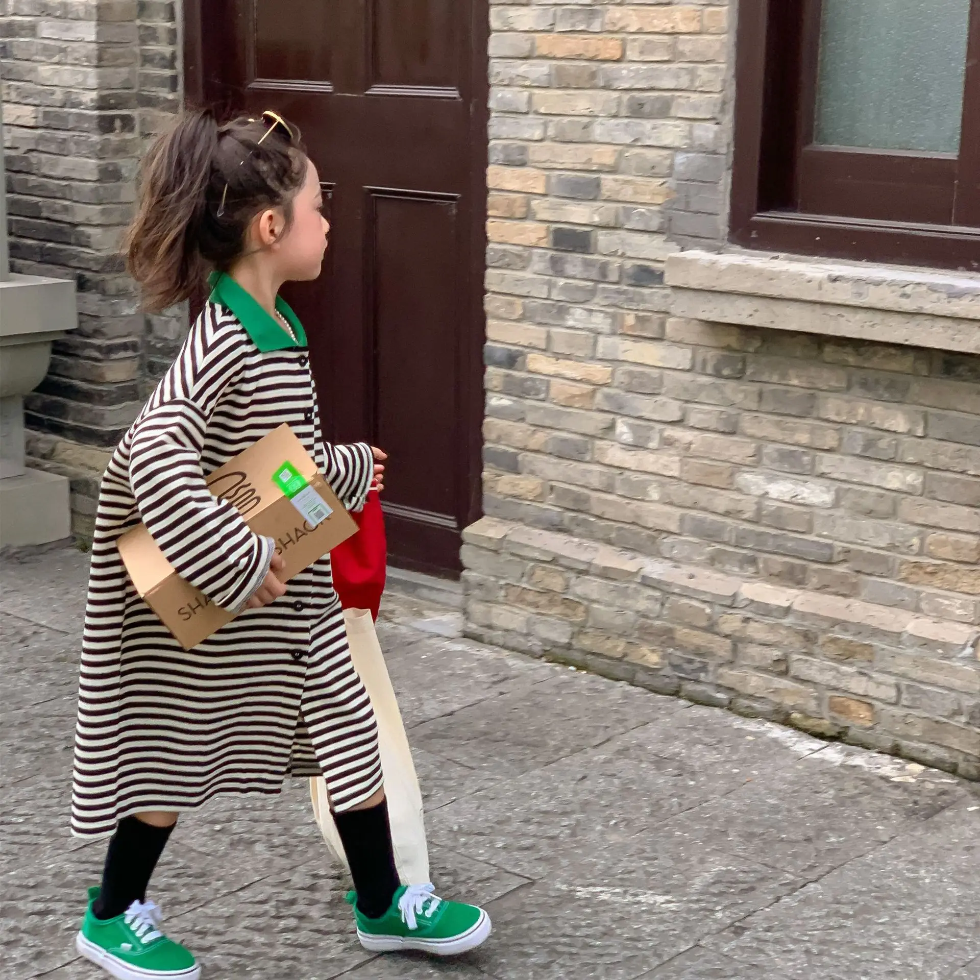 

Детское платье-поло с длинным рукавом, в полоску