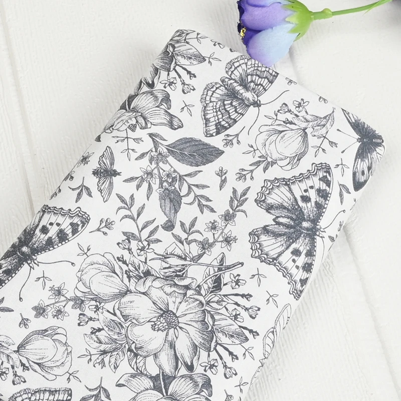 Half Yard Plain 100% Cotton Fabric With Retro Butterfly Flower Print, Handmade DIY Garment Dress Sewing Tissue CR-1439