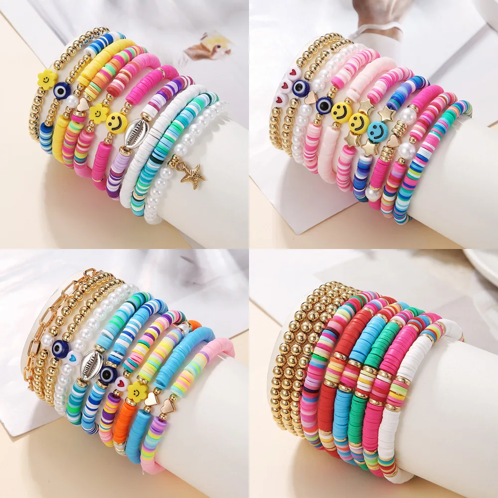 

Boho Style Handmade Beaded Multicolor Polymer Clay and Pearl Letter Bracelet Set for Woman New Ethnic Elastic Bracelet Beach