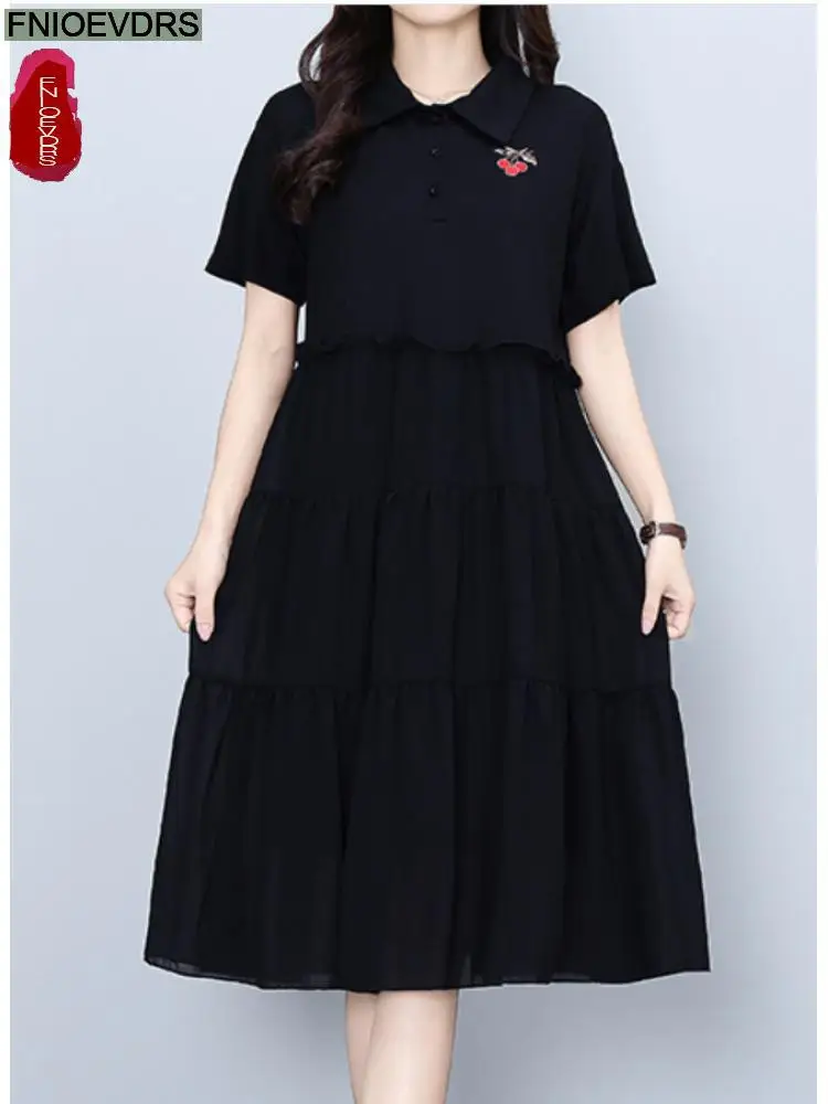 

M-4XL 2022 Summer Dress Women Black Loose Casual Cartoons Flower Printing Cute Black Cotton T Shirt Dress