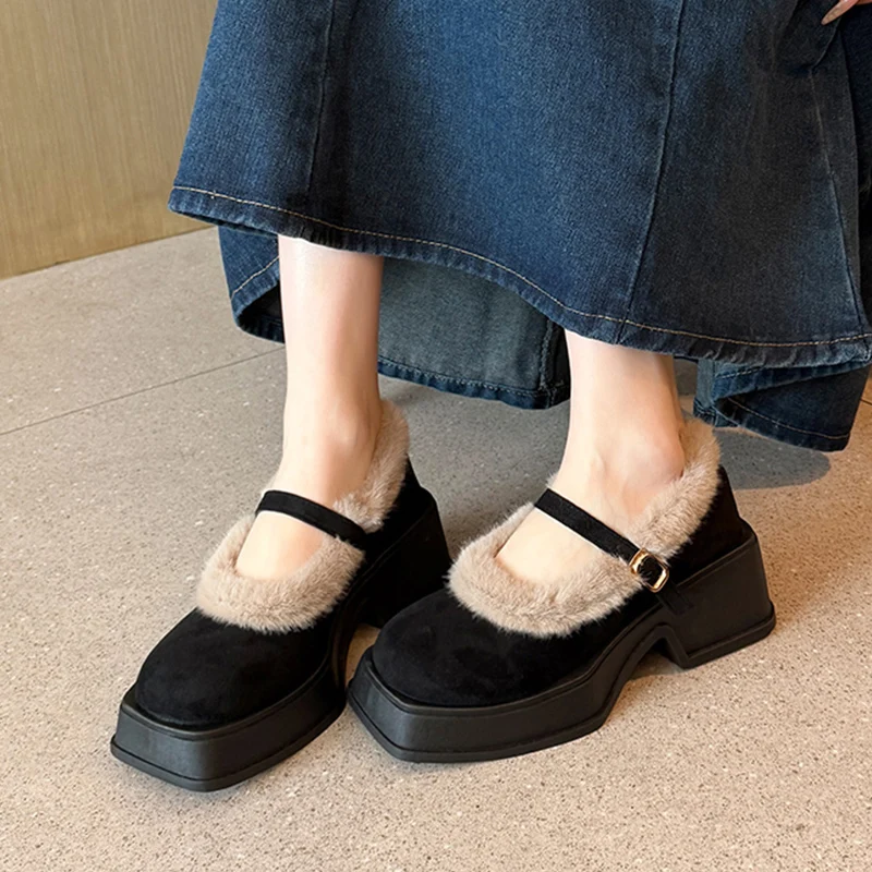 Женские туфли Мэри Джейн на меху женские ботинки высоком каблуке с квадратным