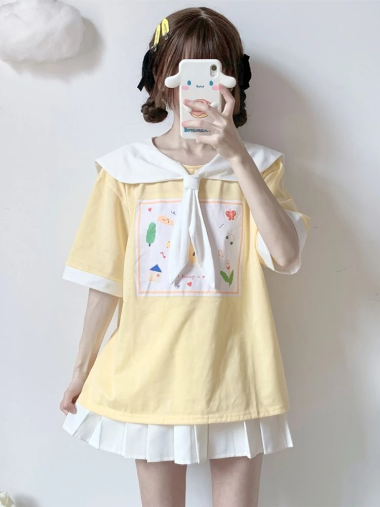 

Женская Винтажная футболка с коротким рукавом, хлопковая Базовая футболка с отложным воротником и цветочным принтом в Корейском стиле, лет...