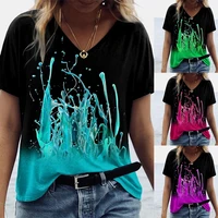 2022 summer womens abstract painting t shir lady graphic t shirts v neck basic tops green blue purple 3d plus size pullover
