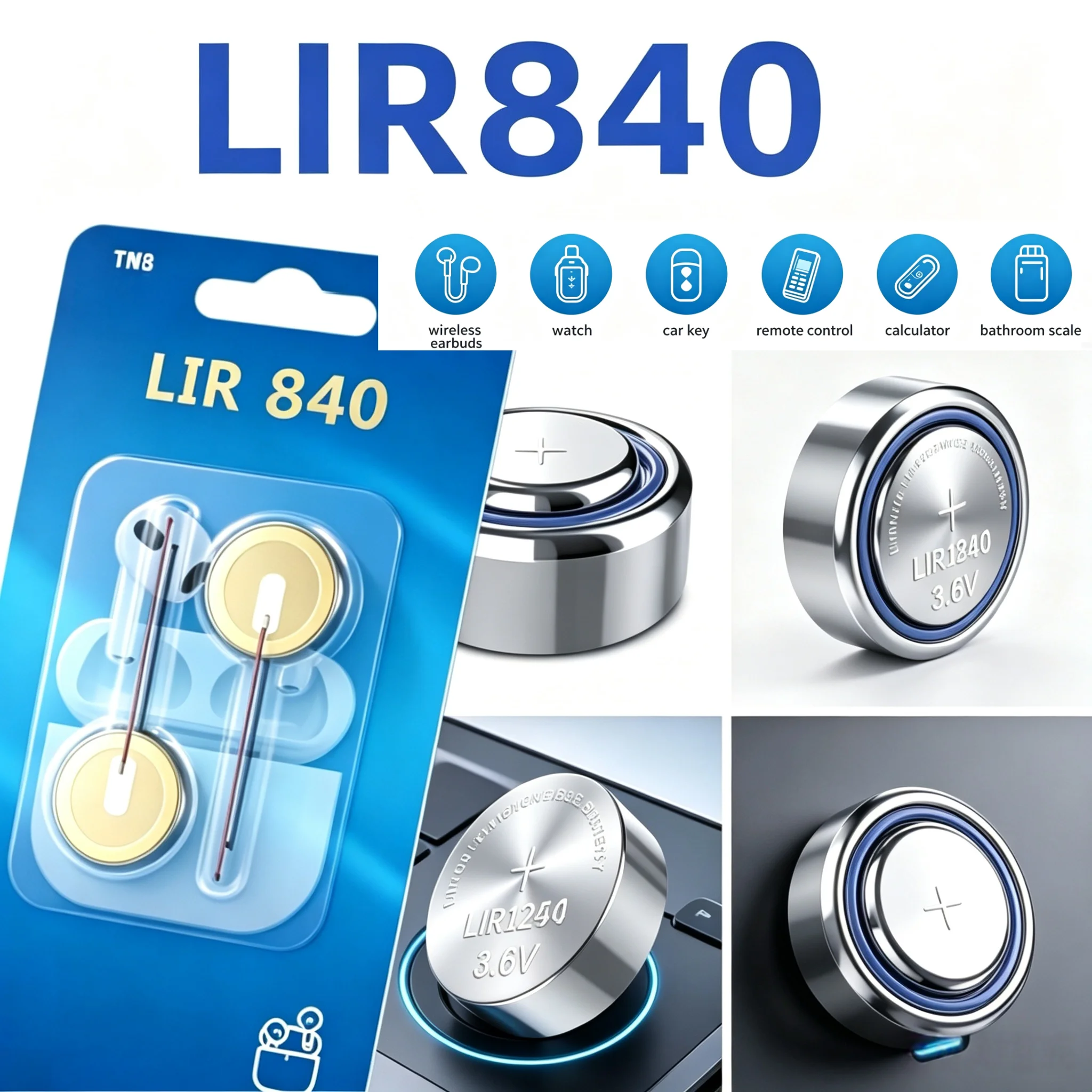 Фото 3,6 В, 18 мАч, LIR840, кнопочная батарея в стальном корпусе, аккумулятор для TWS Bluetooth-гарнитуры, аккумулятор для TWS Bluetooth-наушников, мини-беспроводная гарнитура №1