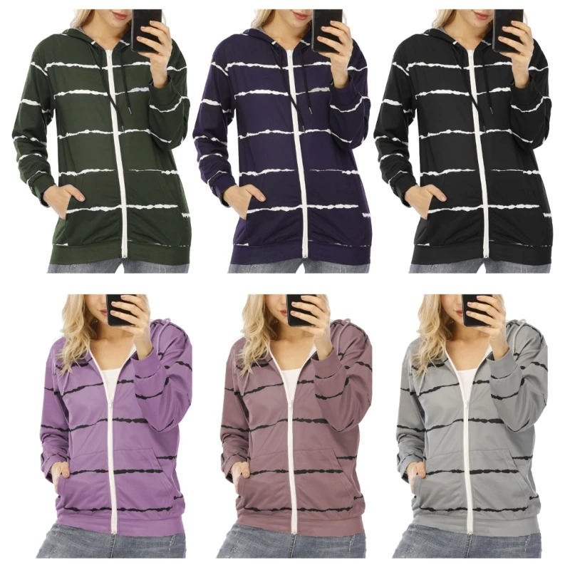 

Zip Up Hoodie Jacket Women Striped Print Contrast Color Drawstring Sweatshirt Coat Long Sleeve Casual Loose Outerwear