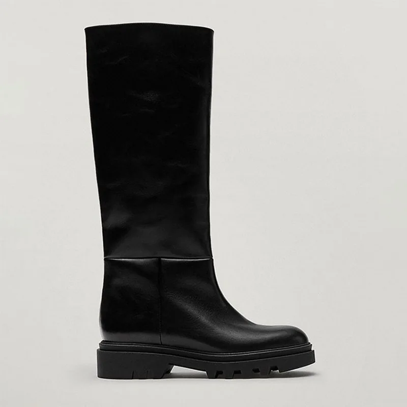 

Женские высокие сапоги из натуральной кожи, черные сапоги до колена из воловьей кожи, на платформе, без застежки, новинка весны 2023