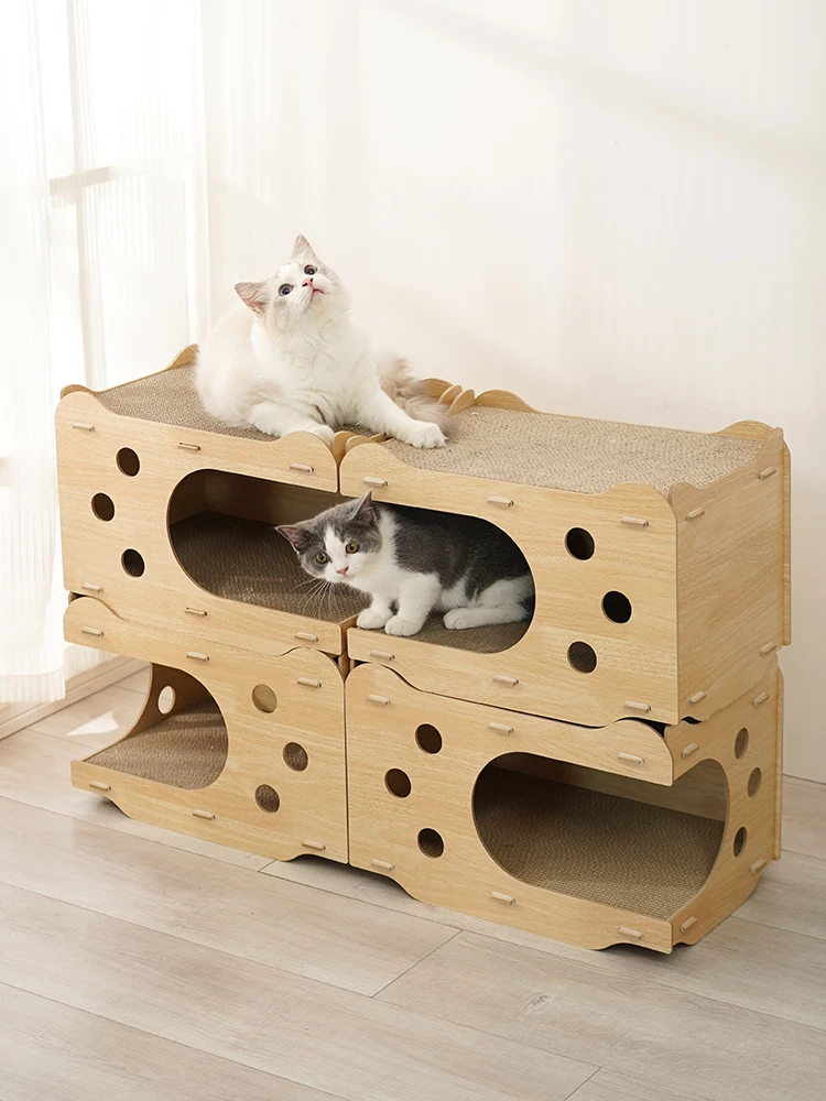 

Cat litter four seasons universal cat scratch board standing double storey summer corrugated paper wooden cat house closed villa