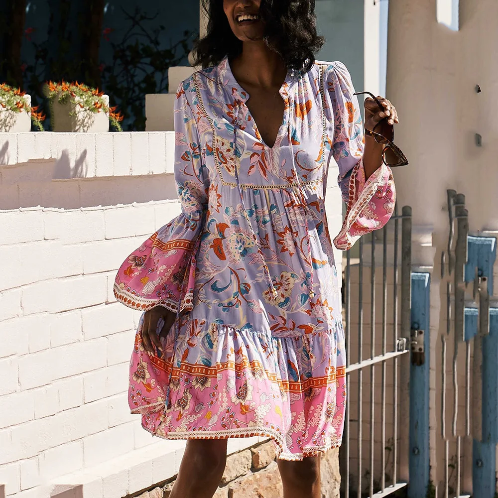 

2022 Spring Summer New Women's Clothing Fashion Floral Chiffon Cake Dress Skirt Full Sleeve V Neck Sexy Mini Dress